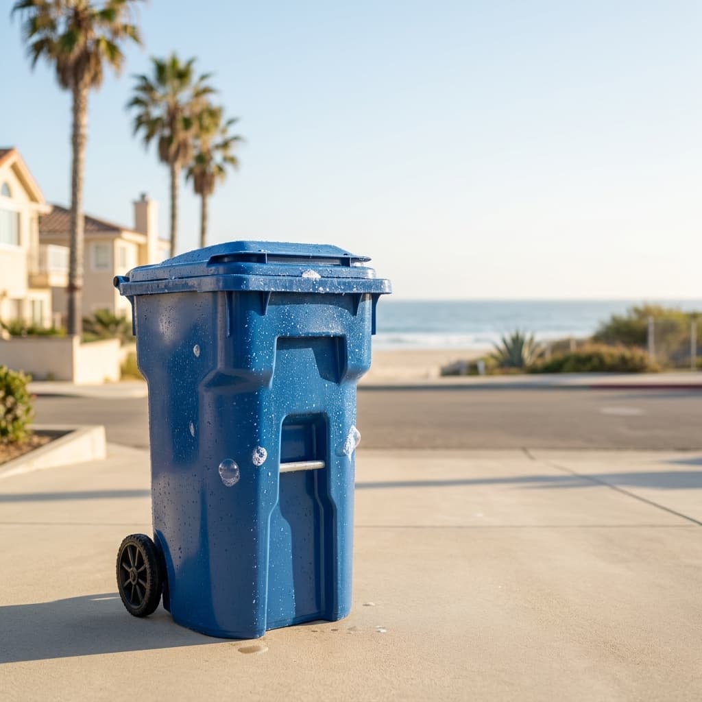 A freshly cleaned blue trash bin with water droplets at a Newport Beach curb
